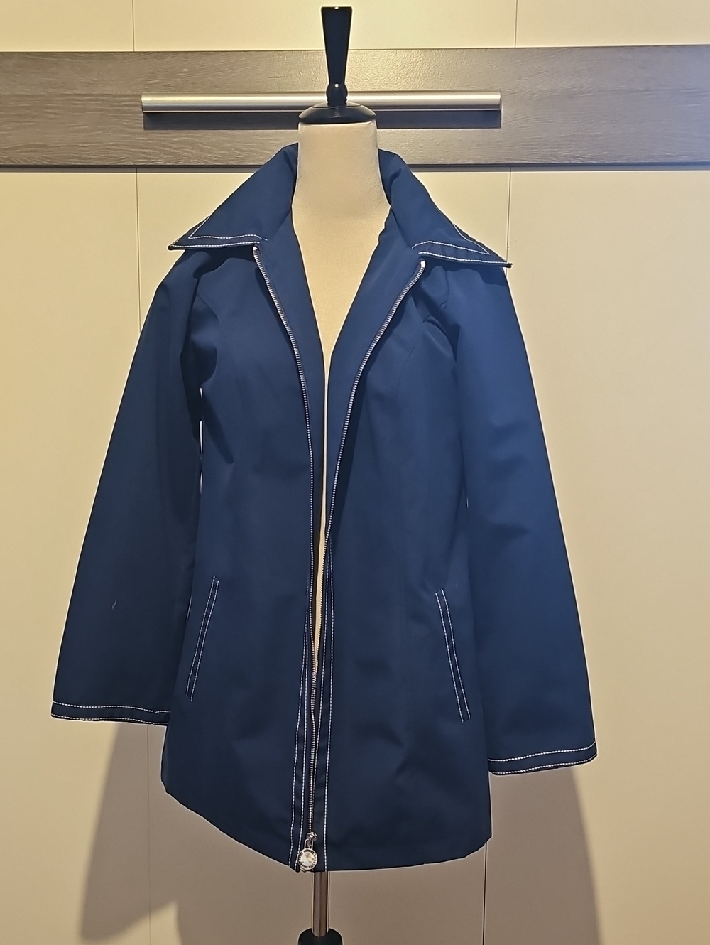 Dennis Basso Navy Utility Rain Jacket with White Contrast Stitching